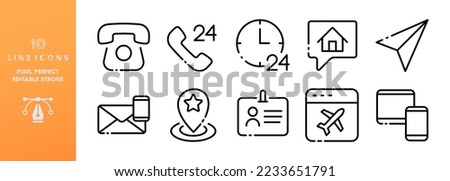 Contact us set icon. Editable stroke. Phone, pointer, send message, handset, calls, check mark, communication, alarm, correspondence, sms, fax. Phone concept. Vector line icon on white background