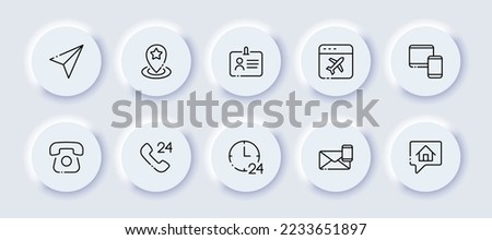 Contact us set icon. Phone, pointer, send message, handset, calls, check mark, communication, alarm, correspondence, sms, fax. Phone concept. Neomorphism. Vector line icon for Business