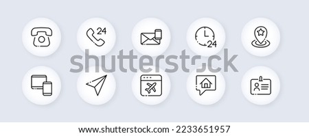 Contact us set icon. Phone, pointer, send message, handset, calls, check mark, communication, alarm, correspondence, sms, fax. Phone concept. Neomorphism style. Vector line icon for Business