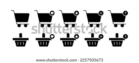 Shopping cart set icon. Check mark, cross, plus, minus, add, delete, percentage, discount, product search, time, download, etc. Order concept. Vector line icon on white background