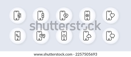 Phone buttons set icon. Reset, off button, cloud storage, control panel, heart, message, information, alarm clock, watch video, ticket, charge. Neomorphism style. Vector line icon for Advertising