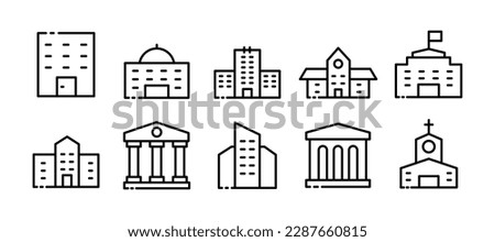 City infrastructure. Line icon, black, urban infrastructure buildings. Vector icons.