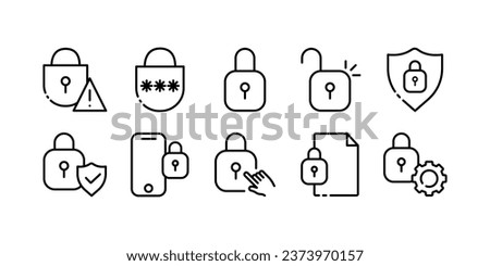 Locks with keys icons. Outline, black, lock open, lock with key, access denied. Vector icons