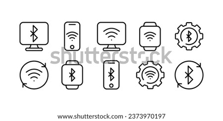 Bluetooth and Wi-Fi icons. Outline, Bluetooth on the screen, Wi-Fi on the screen, computer screen. Vector icons