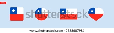 National flag of Chile. Chile flag icons in the shape of a square, circle, heart. Isolated flag symbols for language selection. Vector icons