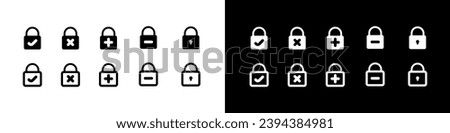 Castle icons. Linear, lock with check mark, cross, minus, place for a key, lock icons. Vector icons
