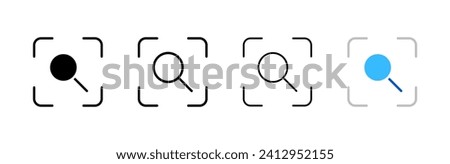 Magnifier in lens icons. Different styles, magnifying glass in the lens, set of buttons. Vector icons