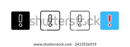 Exclamation mark icons set. Different styles, exclamation mark in a square. Vector icons