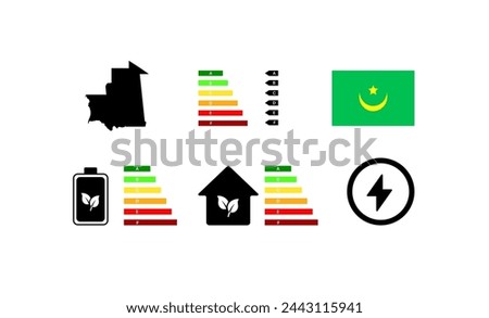 Indicators of life in Mauritania. Outline map, green energy, house letter rating. National flag of Mauritania. Flat vector icons