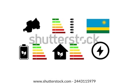 Indicators of life in Rwanda. Outline map, green energy, house letter rating. National flag of Rwanda. Flat vector icons