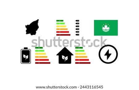 Indicators of life in Macau. Outline map, green energy, house letter rating. National flag of Macau. Flat vector icons