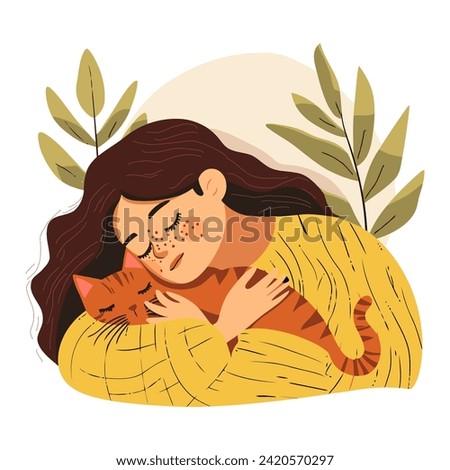 Woman Sleeps, Hugging Cat - Capturing Tranquility, Comfort, and Feline Companionship. Flat Vector Illustration 