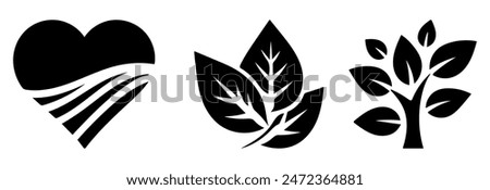 Nature Icons: Heart, Leaves, Tree, Eco-Friendly Concept, Flat Vector Illustration