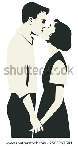 90s Couple Kissing, Retro Style - Flat Vector Illustration