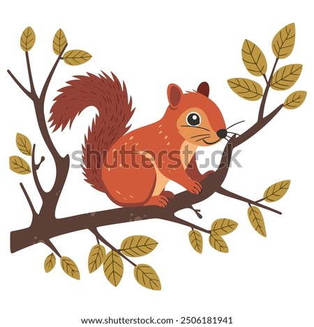 Squirrel Sitting on a Tree Branch. Flat Vector Illustration