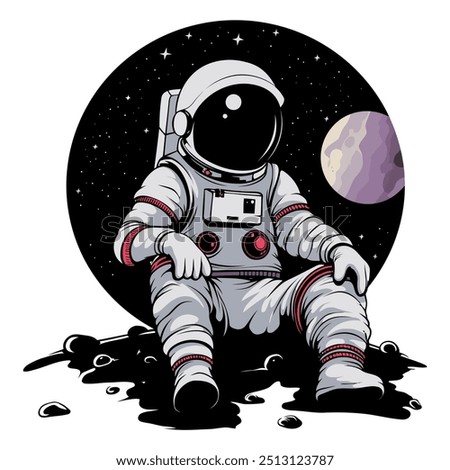 Astronaut Sitting on Moon. Flat Vector Illustration