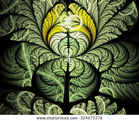 Green and yellow leaves on black background. Abstract floral texture. Computer-generated fractal image.