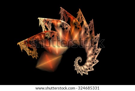 Abstract shining feather on black background. Computer-generated fractal in red, orange and rose colors.