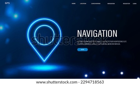 A web banner with a neon GPS location pin on a blue background.