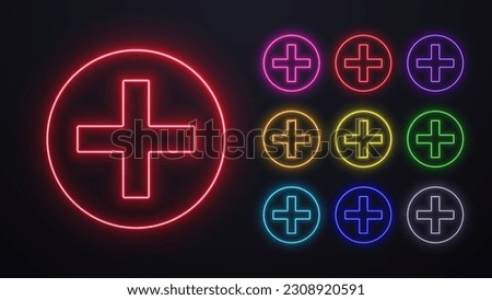 A set of neon crosses for formaceutics. Bright colorful icons for medicine.