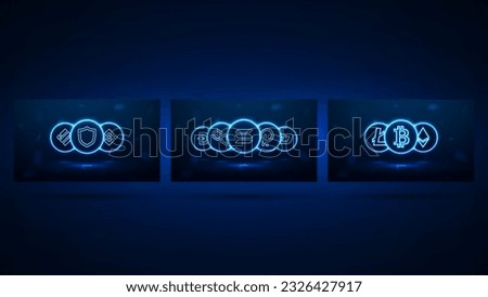 A set of posters with neon icons of cryptocurrencies: Bitcoin, Solana, Litecoin, TWT, BNB, Ethereum on a dark blue background.