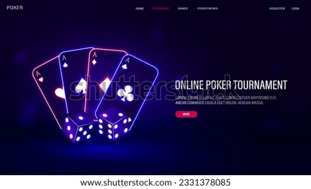 A web banner with neon cards with bright dice for casino and poker on a dark background with text.