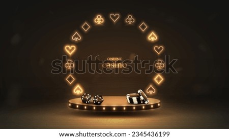3d podium in black and gold with a frame of card suits. A platform with dice and poker chips. Casino background.