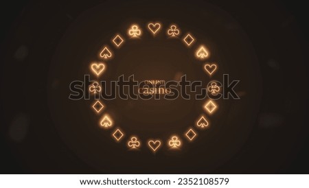 A frame with suits of cards for poker diamonds, crosses, spades and hearts in gold on a black background. A concept for a casino.