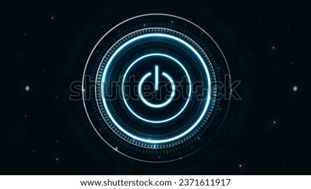 Neon bright glowing cyber power button on blue green color.