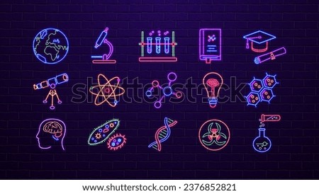 A set of neon icons on the theme of science, medicine and education in the colors blue, yellow, orange, green, red on the background of a purple brick wall.