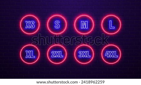 A set of neon icons of clothing sizes XS, S, M, L, XL, XXL, XXXL in pink and blue on a brick wall background.
