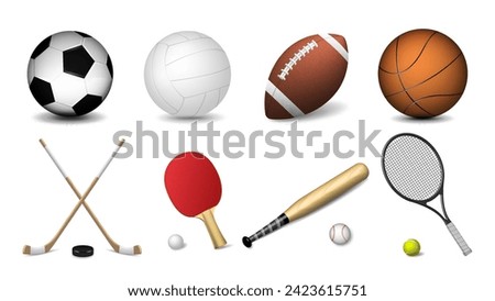 A set of realistic 3d balls for basketball, football, volleyball, baseball, tennis with clubs, rackets and a puck on a white background. A concept for sports.