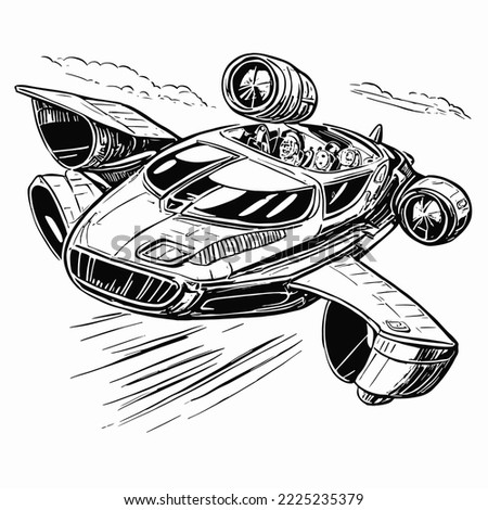 Sketch of a Flying Future Racing car concept. car concept sketch with dynamics lines. Design sporty exterior car is drawing with pencil. concept art drawings of hoover or flying cars or vehicles.  