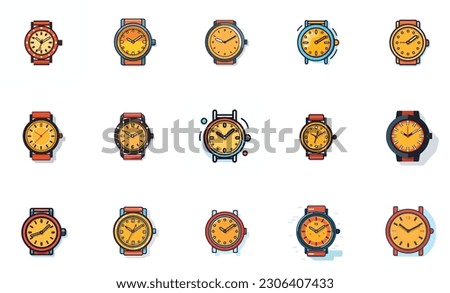 Sets of Illustrations of watch icons with bands. Isolated, icons, watch logo icon sets. Flat-style watch sets. 