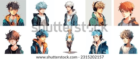 Set of Anime boy portrait art. collection of anime boy digital art. vector illustration. white background 