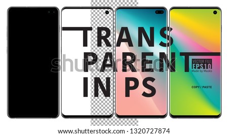 Realistic vector set mock-up of smart phone samsung galaxy s10 plus black on transparent background
