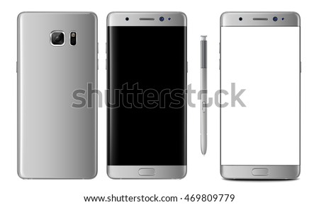 Realistic vector mock-up of new generation smartphone silver titanium samsung galaxy note 7 with stylus s pen. Layered – just put your image on content layer. Scale vector image to any resolution.
