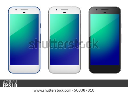 Realistic set vector illustration mock-up of modern generation smart-phone google pixel. Isolated on white, transparent background, layered, just put image on content layer. Scale vector image.