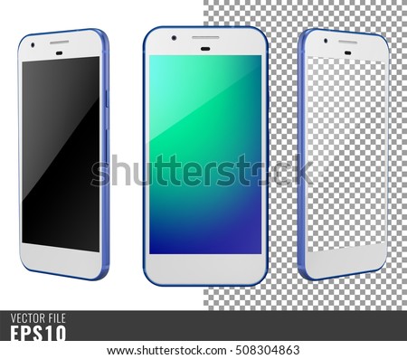 Realistic set vector illustration mock-up of modern generation smart-phone google pixel. Isolated on white, transparent background, layered, just put image on content layer. Scale vector image. Blue