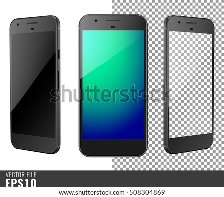 Realistic set vector illustration mock-up of modern generation smart-phone google pixel. Isolated on white, transparent background, layered, just put image on content layer. Scale vector image. Black