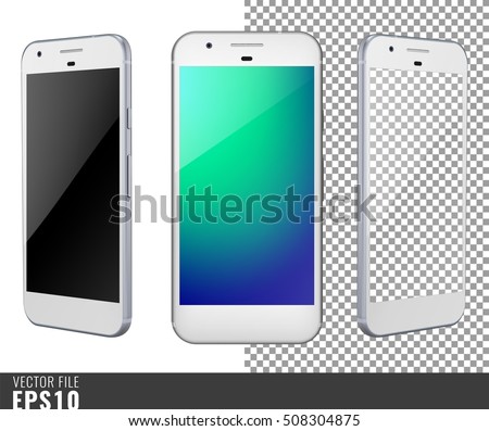 Realistic set vector illustration mock-up of modern generation smart-phone google pixel. Isolated on white, transparent background, layered, just put image on content layer. Scale vector image. White