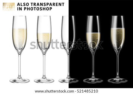 Realistic vector illustration set of transparent champagne glasses with sparkling white wine and empty glass. Transparent on background. Love heart concept. Ring for engagement and Valentine's day.