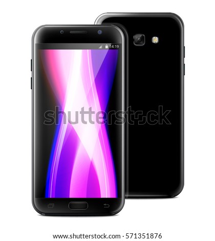 Realistic vector mock-up of new generation smartphone black samsung galaxy A 7 5 3. Layered. Just put your image on content layer. Scale vector image to any resolution. Front screen back side