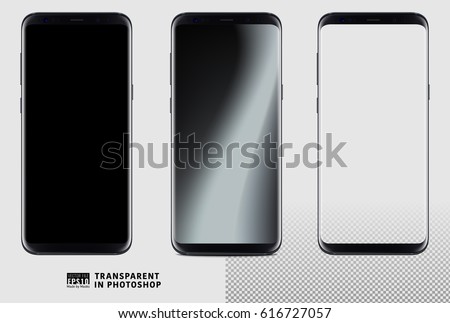 Realistic vector set mock-up of new generation samsung galaxy s8 edge plus smart phone black on transparent background. Layered - just put your image on content layer. Scale image any resolution.