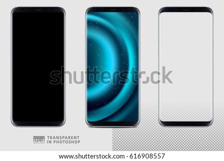 Realistic vector set mock-up of new generation samsung galaxy s8 edge plus smart phone silver on transparent background. Layered - just put your image on content layer. Scale image any resolution.