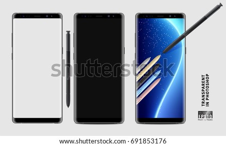 Realistic vector set mock-up of new generation samsung galaxy note 8 eight edge plus smart phone blue on transparent background with s pen stylus