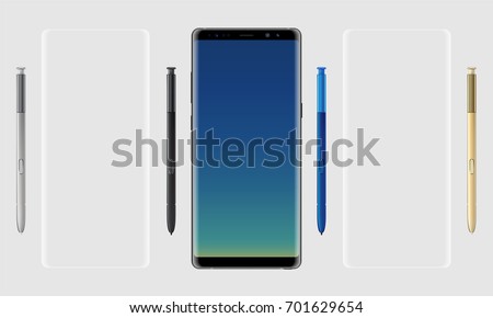 Realistic vector set mock-up of new generation samsung galaxy note 8 eight edge plus smart phone on transparent background with s pen stylus