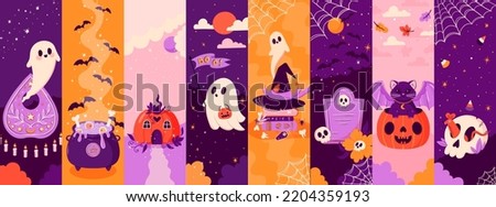 Vector big set of Halloween bookmarks with pumpkin, ghost, skulls, bats, black cat, grave, witch hat,cauldron. Autumn holiday card for print.