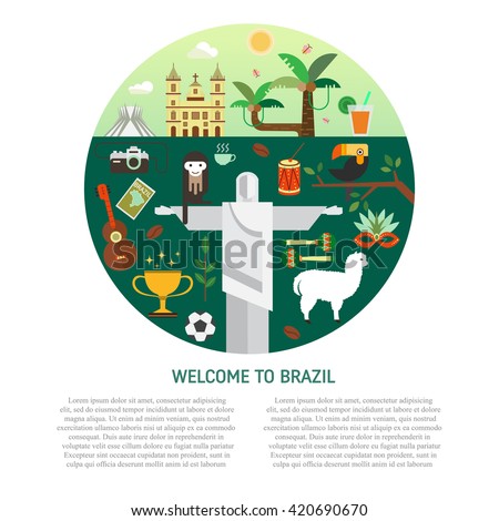 Vector illustration with Brazil symbols  made in modern flat style. Travel to Brazil concept. Flat icons arranged on circle and place for your text.