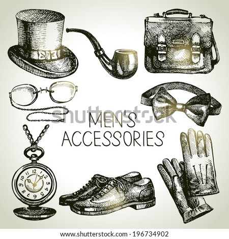 Sketch gentlemen accessories. Hand drawn men illustrations set